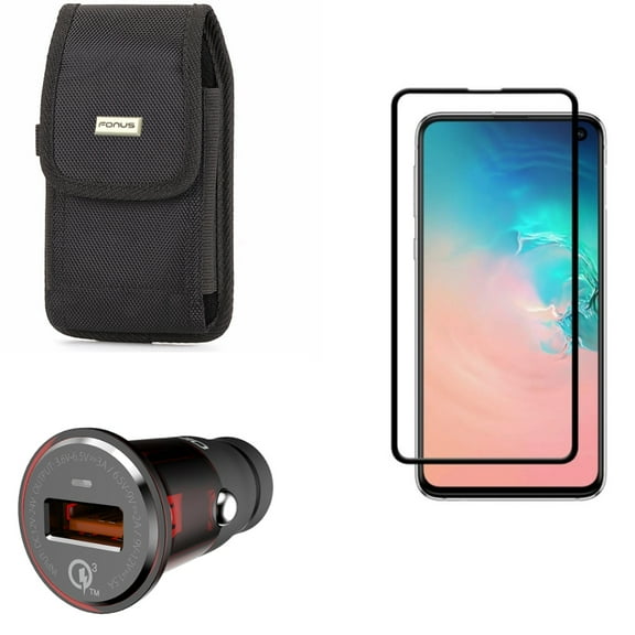 Galaxy S10e Car Charger w Screen Protector w Case Belt Clip - 18W Fast USB Port Power, Tempered Glass 5D Curved Edge, Rugged Holster Canvas for Samsung Galaxy S10e Phone