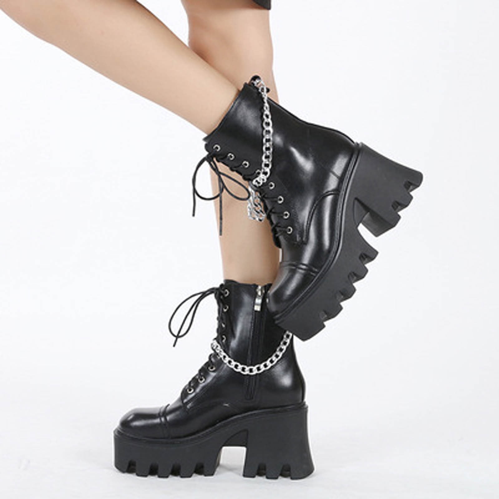 Womens Studded Boots Ladies Goth Punk Rider Zip Mid Calf Lace Up Mid Calf Shoes 