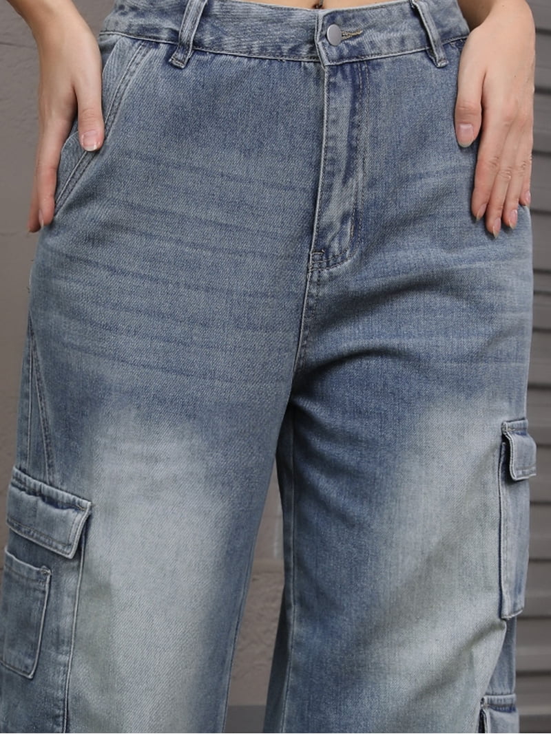 DARING DIVA Women's Baggy Jeans Multi-Pocket Cargo Denim Pants 2XL