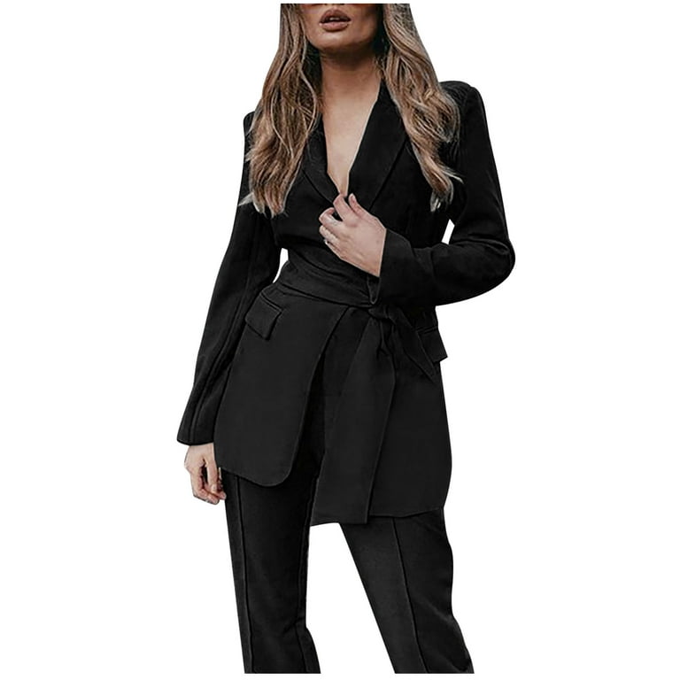 Women's Blazer Suits Two Piece Solid Work Tops Pant Suit for Women Business  Office Lady Suits Sets Button Long Sleeve Jacket and Pant with Belt