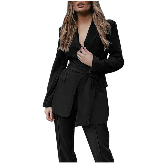 Conjunto de traje de pantalón con cinturón y tops de manga larga con cuello vuelto liso para mujer Wmkox8yi bvn357
