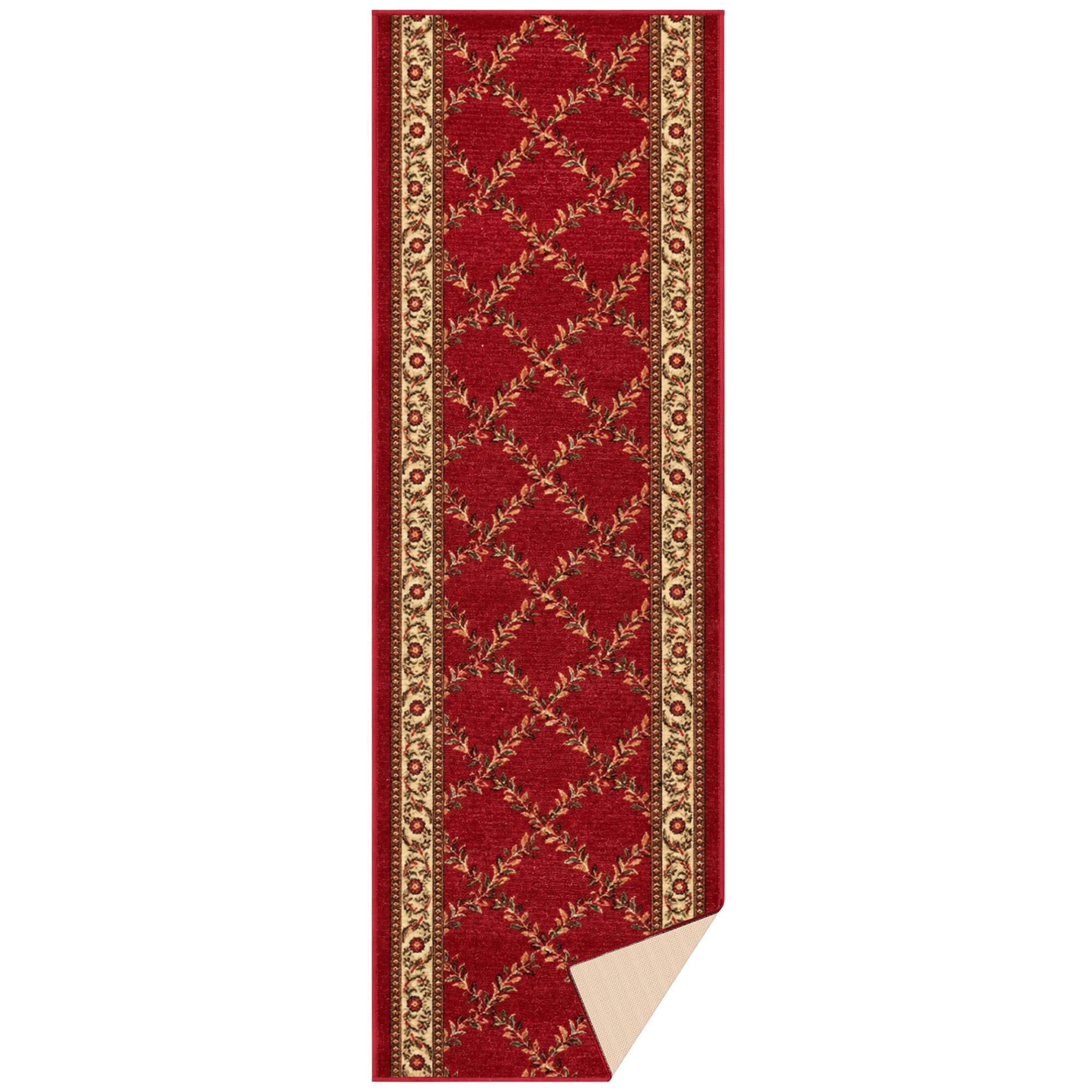 Ottomanson Extra Long Runner Rug 1'10.5" x 13' – Non-Slip Low Pile Hallway Carpet, Trellis Burgundy Red