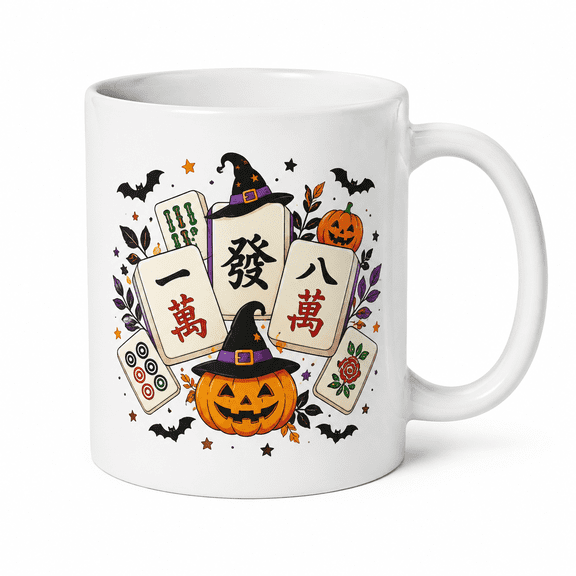 Halloween Mahjong Mug 11oz, Ceramic Coffee Mug with Witch Hat Pumpkin Mahjong Tiles Design, Funny Fall Tea Cup for Women Men, Halloween Gift Cup for Coffee Tea Lovers