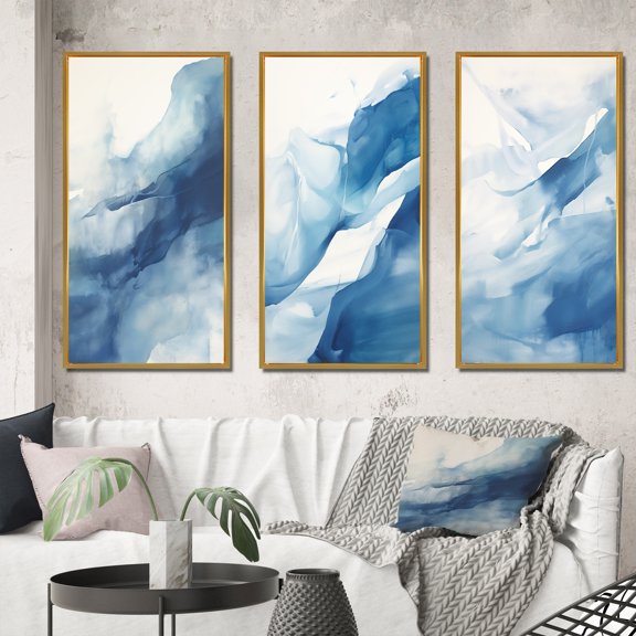 Designart "Blue And White Flowing Aquarelle Clouds IV" Abstract Painting Framed Wall Art Set Of 3 - Blue Modern Frame Gallery Wall Set For Home Decor