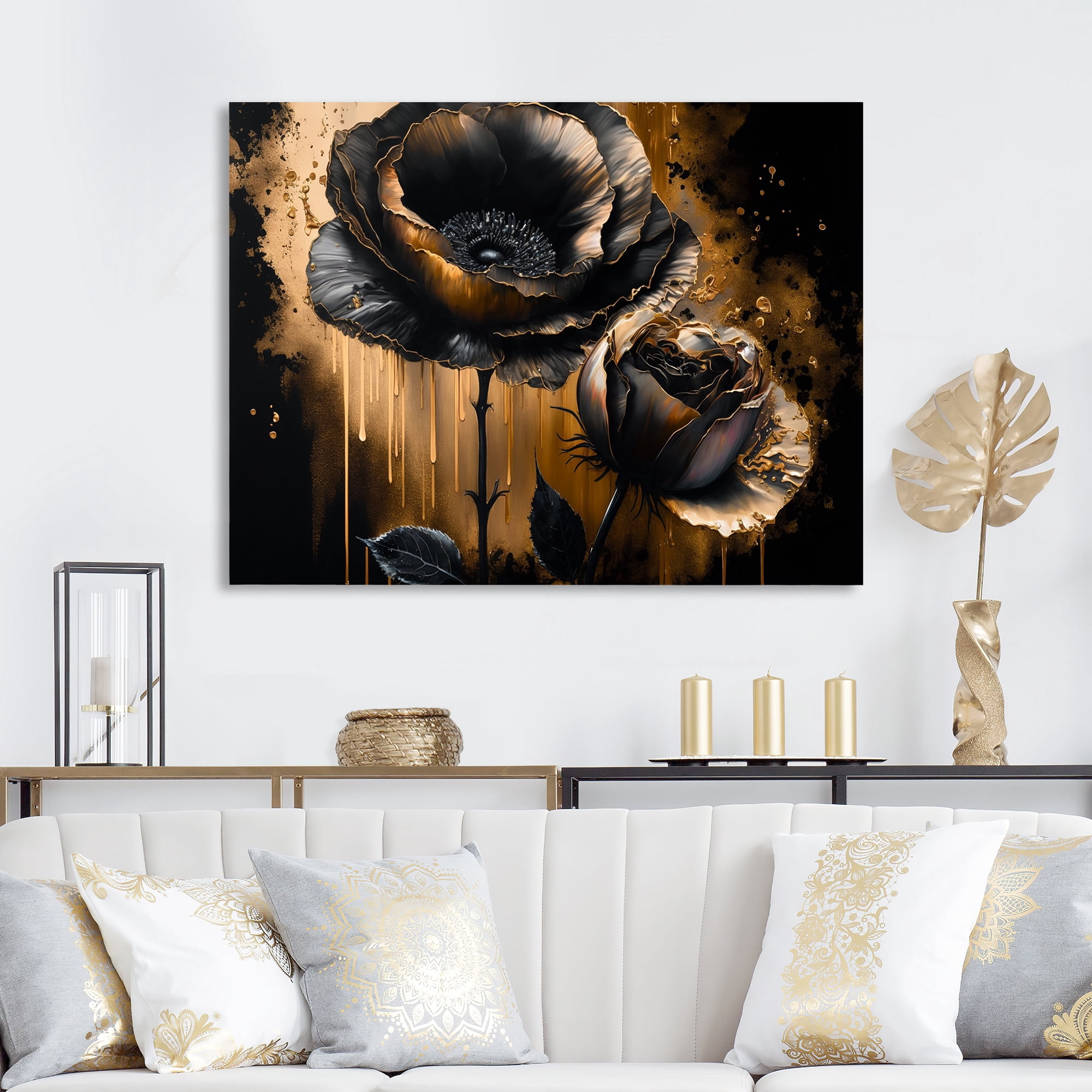 Designart Black And Gold Popy Flowers II Canvas Wall Art