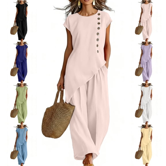MLCDZ Sets for Women 2 Piece Button Round Neck Short Sleeves Tops and Wide Leg Loose Fit Pants Set Matching Beach Vacation Outfit with Pockets