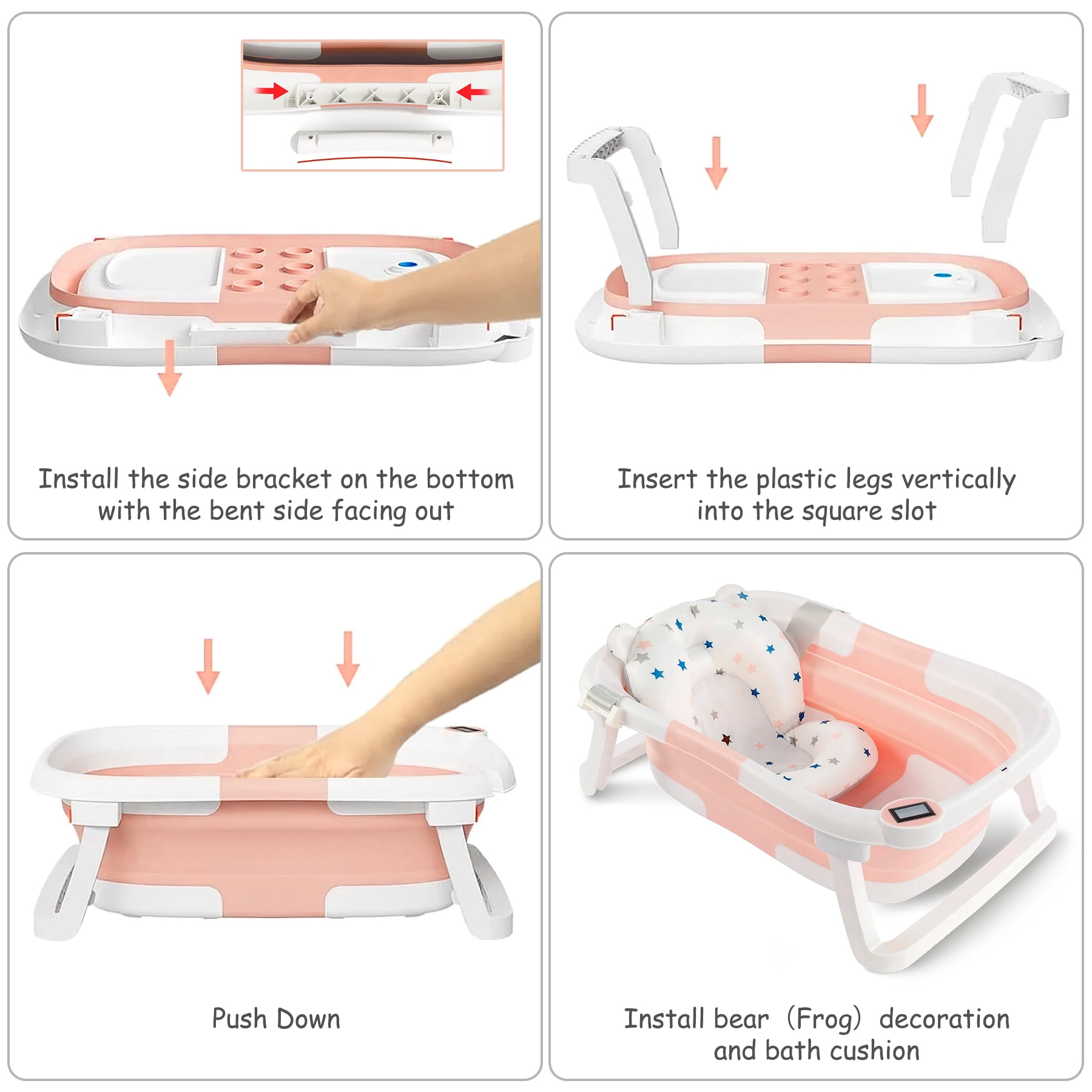 Baby Bathtub, Collapsible Newborn Bathtub for Infant to Toddler 0-36 Months with Soft Cushion+Baby Tub Sling and Thermometer, Portable Travel Bathtub, Foldable Infant Bathtub with No-Slip Feet, Pink