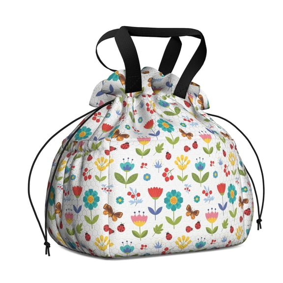 Pioneer Flower Floral Print Pattern Drawstring Lunch Bag Women - Drawstring Lunch Bag Insulated for Work Office - Stain-Resistant Large Lunchbags for Women with Multi-Pockets