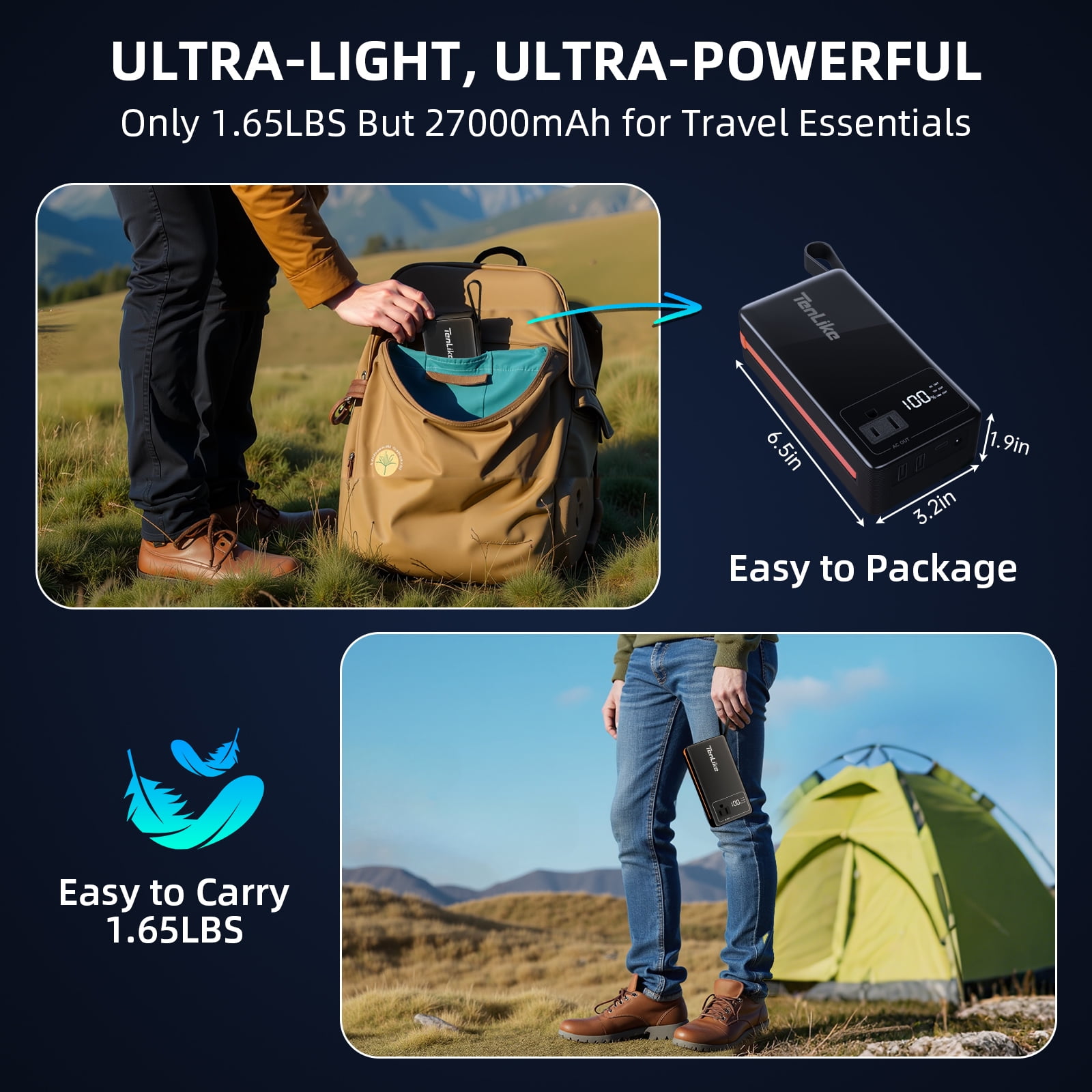 Froura 27000mAh Portable Power Station, Power Bank with AC Outlet, 60W USB-C for Laptop, Outdoor Camping Hiking, Black