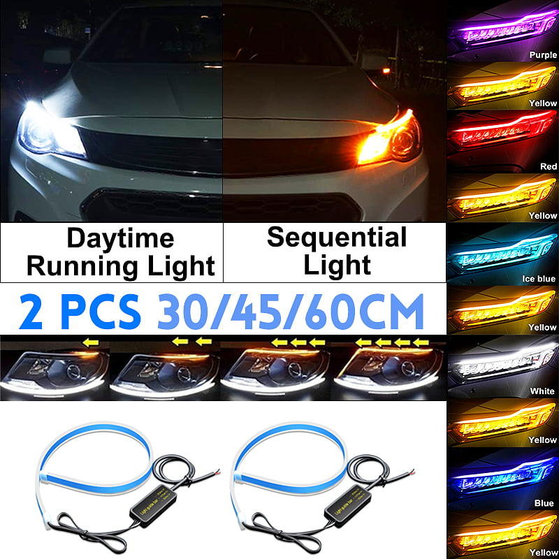 2x 60cm Slim Sequential Flexible Amber LED DRL Turn Signal Strip Light Headlight 