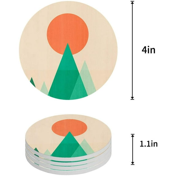 FMSHPON Geometric Figures Mountain Peaks and Sun Set of 4 Round Coaster for Drinks, Absorbent Ceramic Stone Coasters Cup Mat with Cork Base for Home Kitchen Room Coffee Table Bar Decor