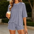 thumbnail image 5 of BRELIL Women's Round Neck Short Sleeve T-Shirt Two Piece Set Elastic Waisted Shorts Striped Casual Lounge Matching Outfits Summer Everyday Wear, Navy 2XL, 5 of 8