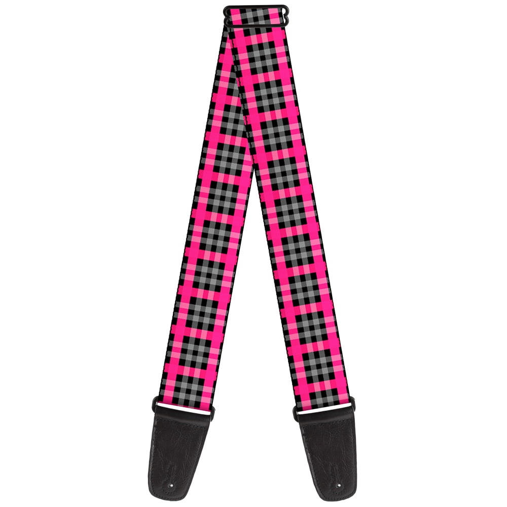 Buckle-Down Guitar Strap, Plaid Black Gray Fuchsia, 2 Inches Wide