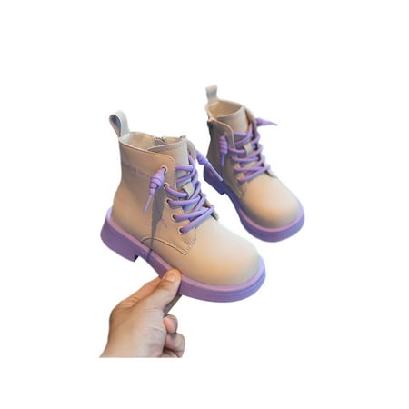 

SIMANLAN Children Casual Ankle Boots Comfort Chunky Heel Short Bootie School Non Slip Round Toe Combat Boot Beige Purple 13C