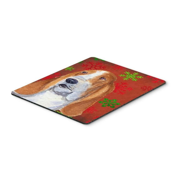 "Basset Hound Red and Green Snowflakes Holiday Christmas Mouse Pad Hot Pad or Trivet"