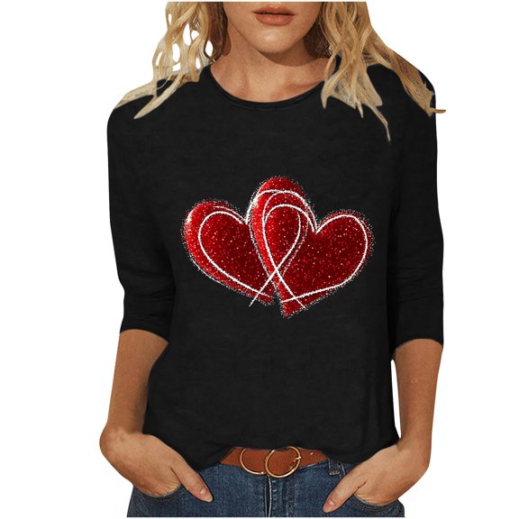 Valentine Shirts for Women Glitter Heart T Shirt Valentine's Basic Tees Trendy Cute 3/4 Sleeve Tops