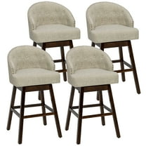 Gymax Swivel Bar Stools Tufted Bar Height Pub Chairs with Rubber Wood Legs, Beige & Brown (Set of 4)