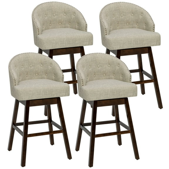 Gymax Swivel Bar Stools Tufted Bar Height Pub Chairs with Rubber Wood Legs, Beige & Brown (Set of 4)