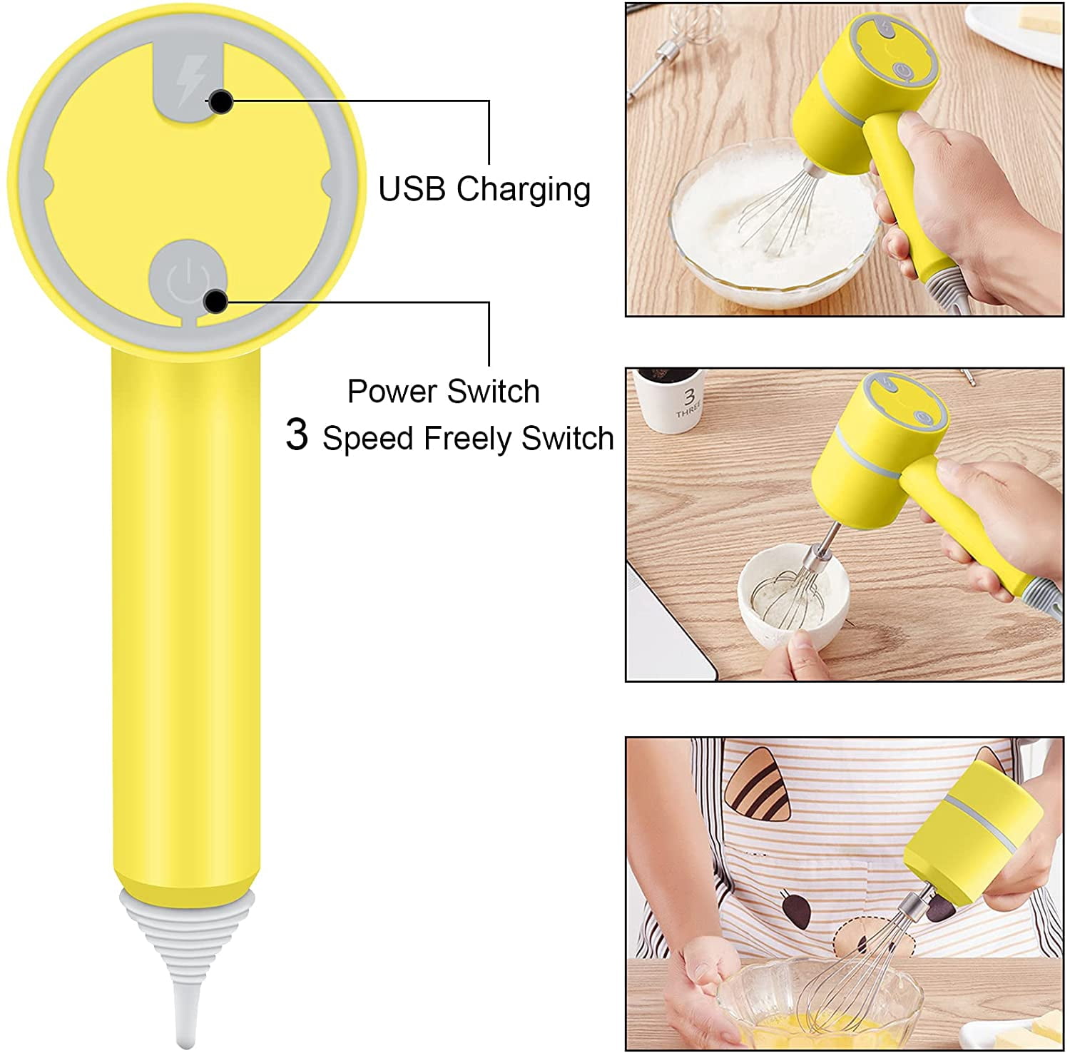 KWELLK Mini Wireless Hand Mixer, 20W Ultra Power Cordless Portable Kitchen Mixer Handheld Mixer With 3 Speed + 3 Stainless Steel Accessories Food Mixer for whisking egg , Cream, Cake