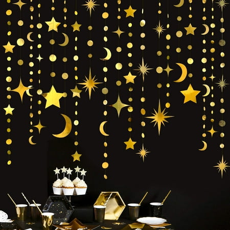 Gold Star Moon PresNok Circle Dot Garland Party Decorations and Twinkle Little Star Streamer Bunting Banner for Kids Room First Birthday Ramadan EID Mubarak Baby Shower Wedding Engagement