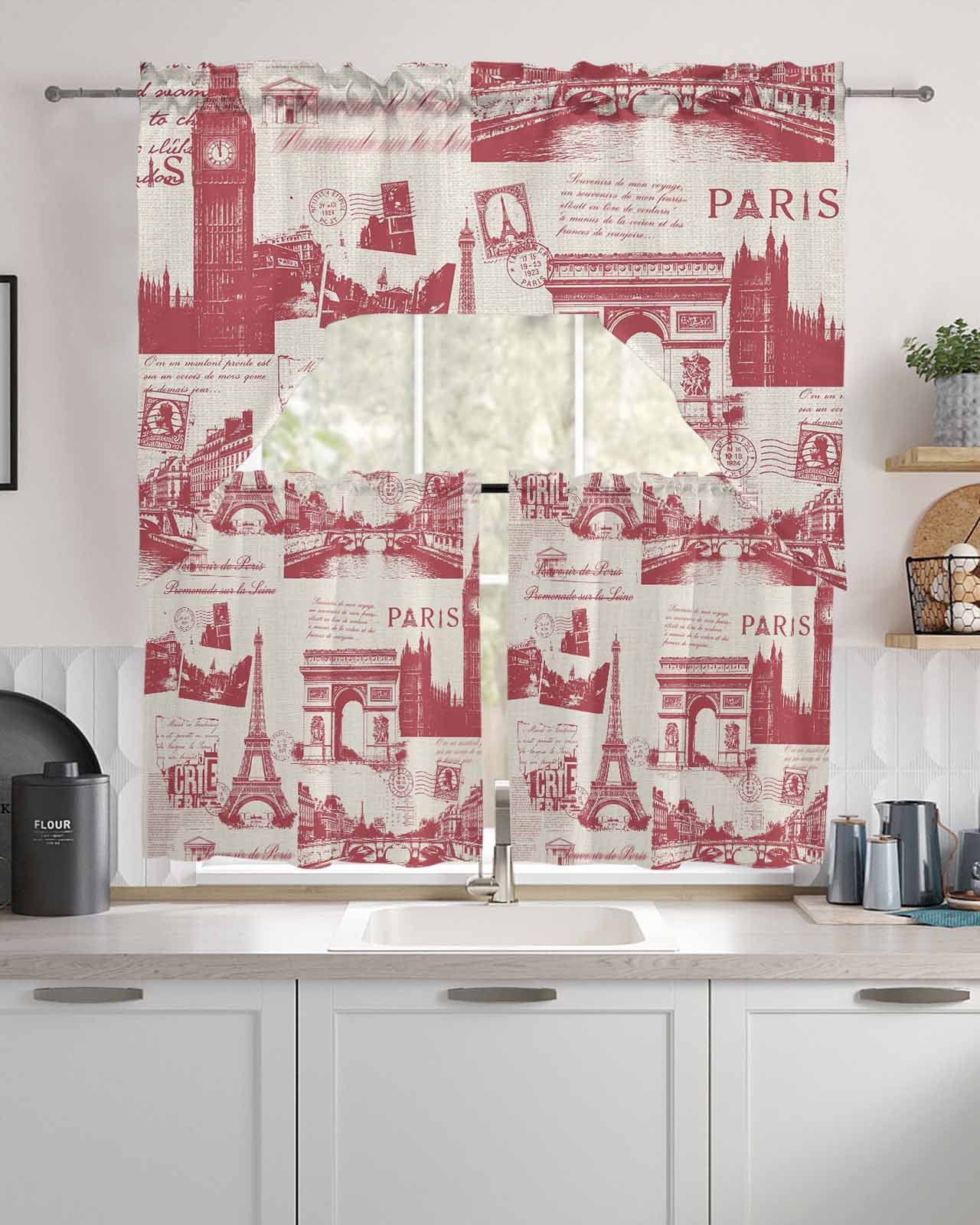 Vintage Art Swag Valance for Window, 3 Piece Red International Buildings Paris Towers Linen Light Filtering Swag Curtain Rod Pocket Kitchen Curtain Valance for Bedroom 3 Piece