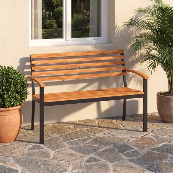ELLEGNT Patio Loveseat Bench – Acacia Wood Garden Bench with Comfortable Backrest and Armrests for Outdoor Seating