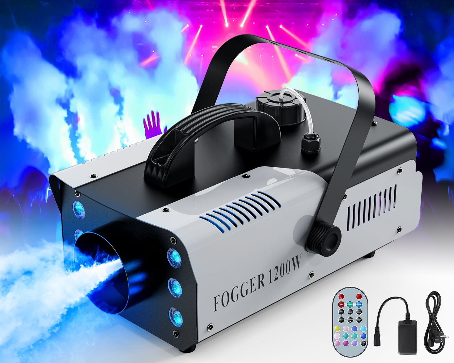 1200W Fog Machine with RGB 6LED Lighting Smoke Remote Control Stage Effect Equipment, Home Entertainment Halloween Party DJ Nightclub Wedding