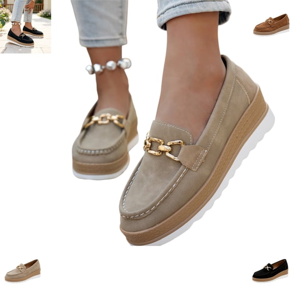 YOUYEDIAN Loafers for Women Casual Slip On Platform Wedge Heel Fashion Chain Deco Comfy Flats Versatile Outdoor Round Toe Soft Walking Shoes