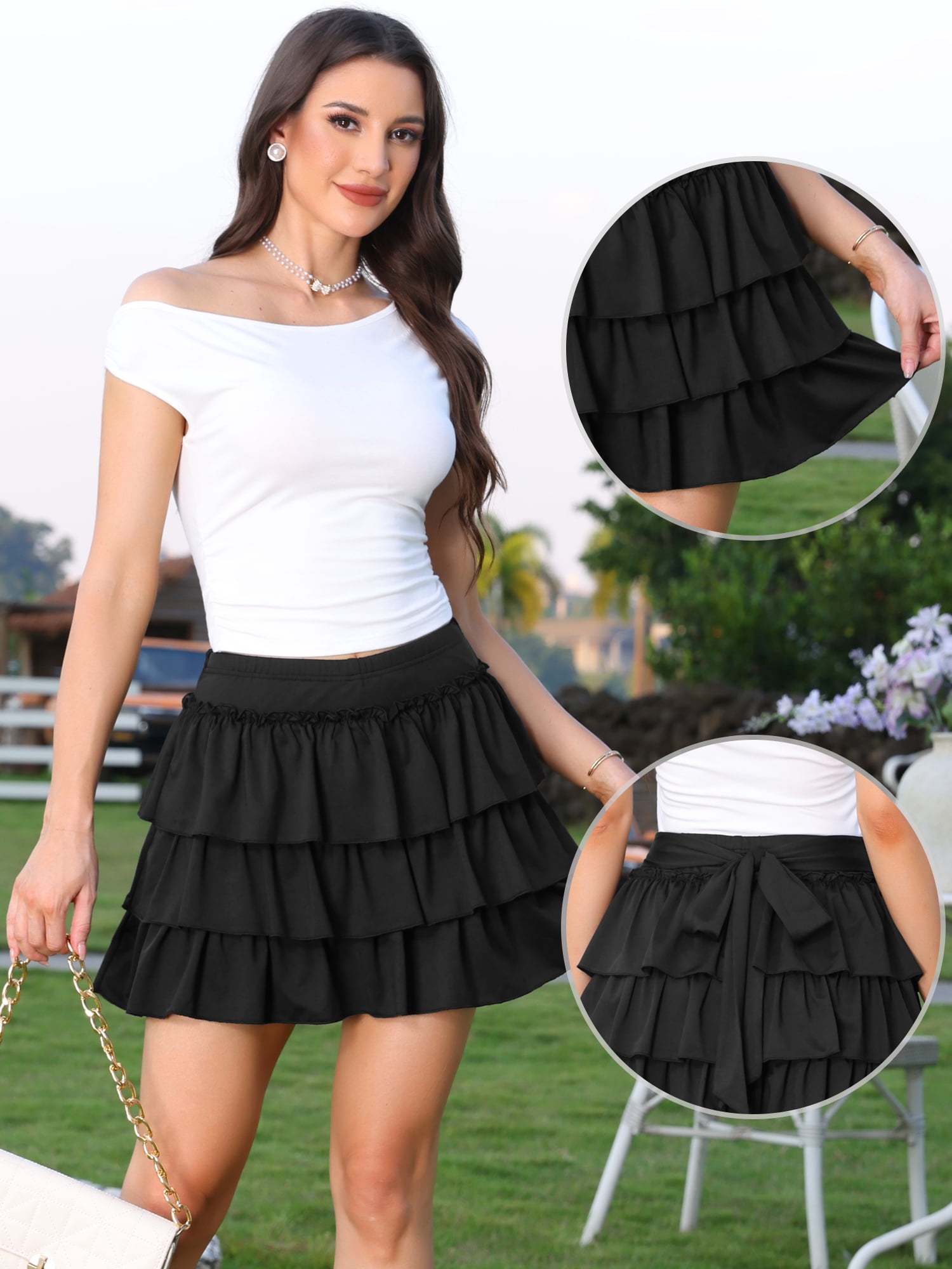 DARING DIVA Women's Summer Elastic Ruffle Hem Pleated Flowy Medium Black