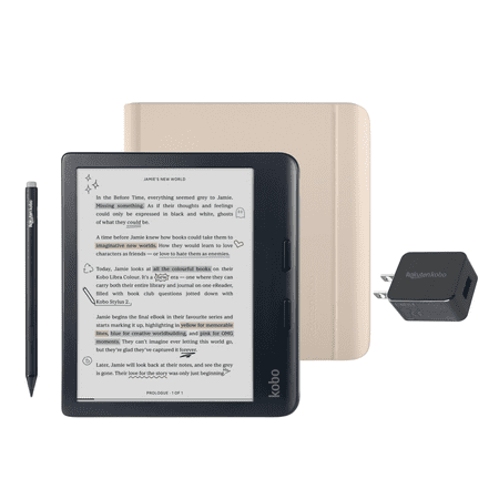 Kobo Libra Colour Black eReader with Case Bundle (Sand Beige Notebook SleepCover, Case + Stylus + AC Bundle)