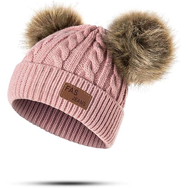 Gorro de lana para niños pequeños, color puro, giro de invierno, gorros de punto con doble pompón, 0-3 años TUNC Sencillez
