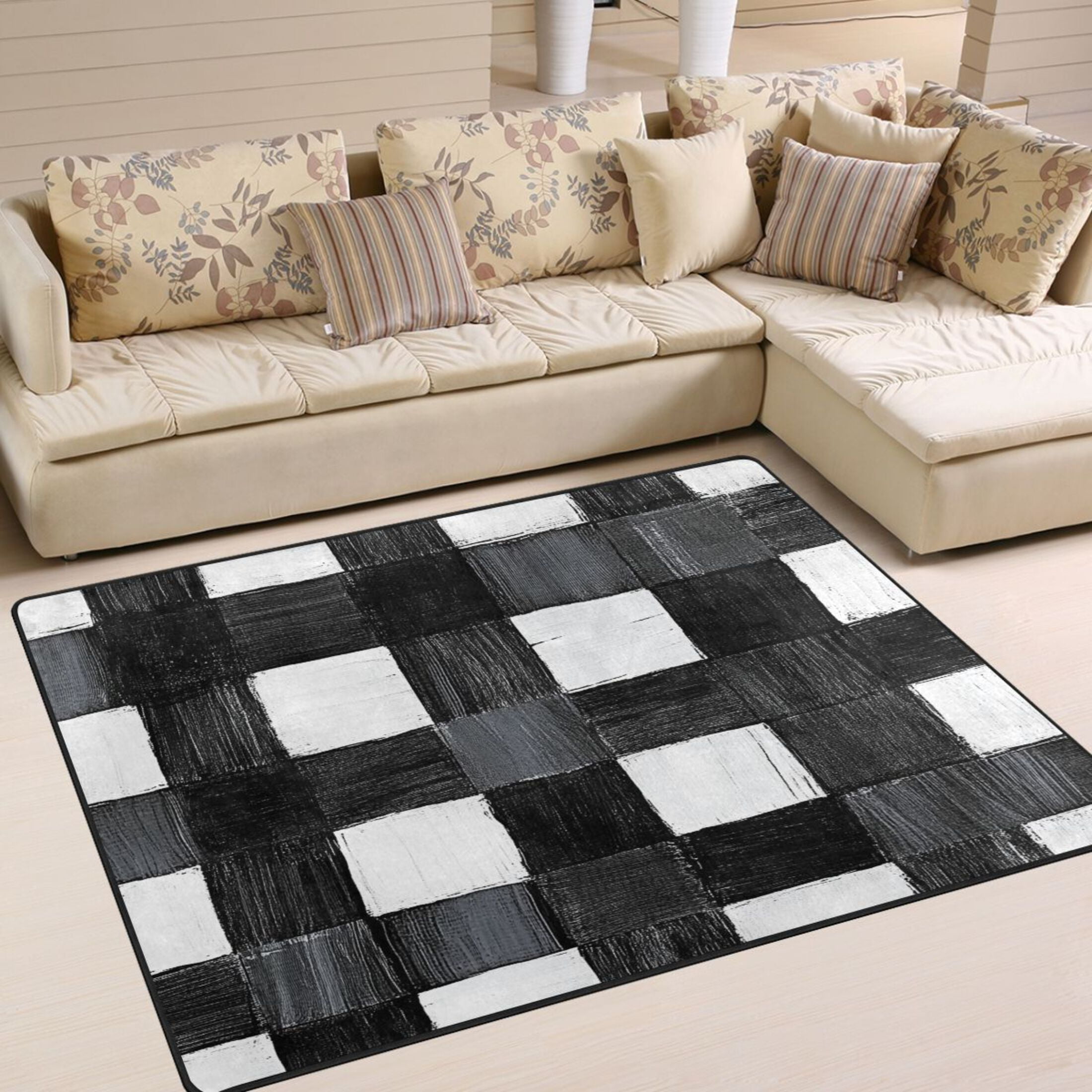 Abstract Black and White Stripe 63''x48'' Plush Memory Foam Bath Mat, Soft, Absorbent, Non Slip, Durable