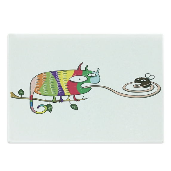 Reptile Cutting Board, Colorful Chameleon on the Branch Playing with Grumpy Fly Animal Humor Cartoon Print, Decorative Tempered Glass Cutting and Serving Board, Large Size, Multicolor, by Ambesonne