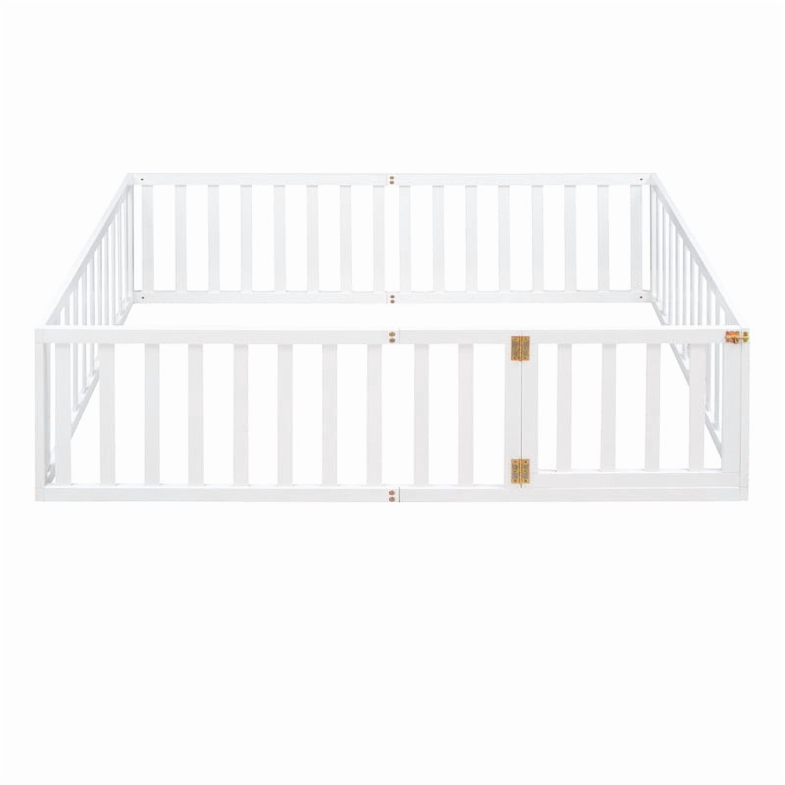 Full Size Floor Bed Platform Bed with Fence and Door, Wooden Montessori Bed Toddler Bed Kids Playhouse Bed with Guardrails for Boys Girls, No Slats