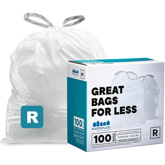 Plasticplace Custom Fit Trash Bags, Compatible with Simplehuman Code R (100 Count), White Drawstring Garbage Bags, 2.6 Gallon / 10 Liter, Tear-Resistant, 1.2 Mil , 16.5" x 18" Trashbags Heavy Duty