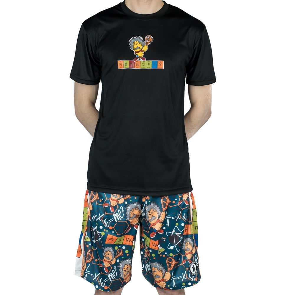 black shirt green shorts