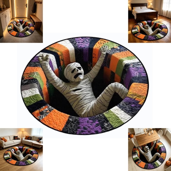 huayou 15.75 inch 3D Visual Illusion Halloween Rug, Mummy Pattern Round Floor Mat, Spooky Atmosphere Decor for Holiday Party Indoor Home Scene