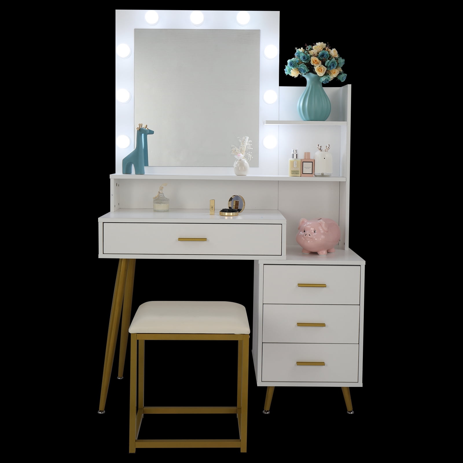 Large Vanity Set with 9 LED Bulbs, Makeup Table with Cushioned Stool, 3 Storage Shelves 4 Drawers, Dressing Table Dresser Desk for Women, Girls, Bedroom, White