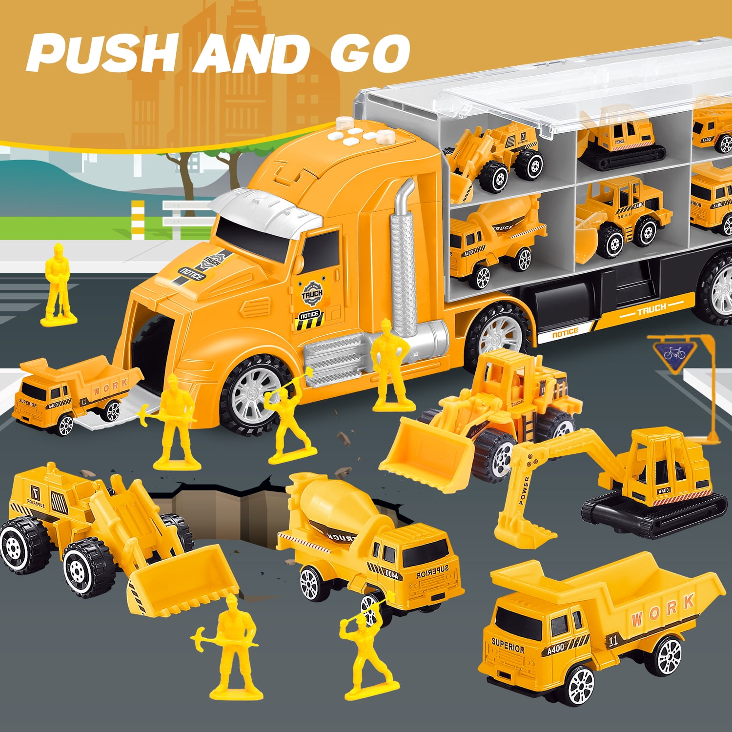 JoyStone 33-in-1 Die-Cast Construction Vehicle Set with Lights & Sounds, Alloy Car Transport Truck Toy, Birthday Gift for Kids, Yellow