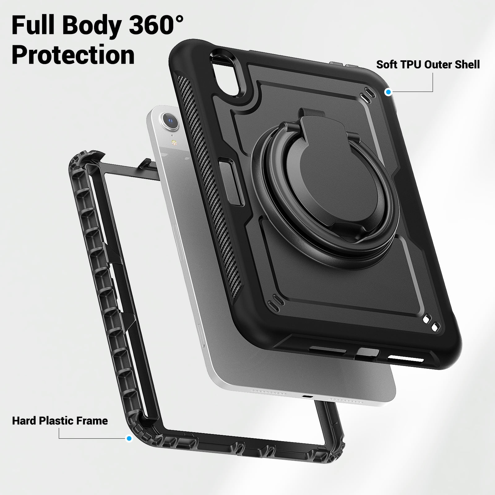 Shockproof Case for Apple iPad Mini 6th 7th Generation 8.3 Inch, Rugged Hybrid Protective Cover with Pencil Holder & Shoulder Strap Kids Friendly Rotating Kickstand Case for iPad Mini 6 7,Black