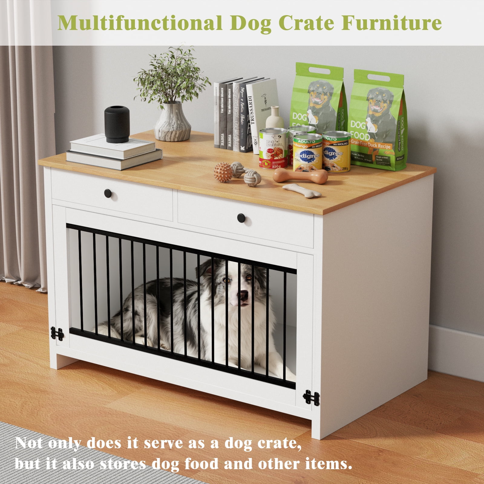 TIME RAY Dog Crate Furniture for Large Dog,Dog Cage Furniture with Upward Flapping Crate Door and 2 Storage Drawer