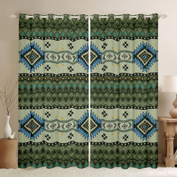 Feelyou Retro Hippie Aztec Black Out Curtains for Men, Green Stripe Triangle Curtains Pack of 2 (42x63 Each), Mandala Bohemian Cowgirl Bedroom Curtains, Curtains and Drapes Room Decor