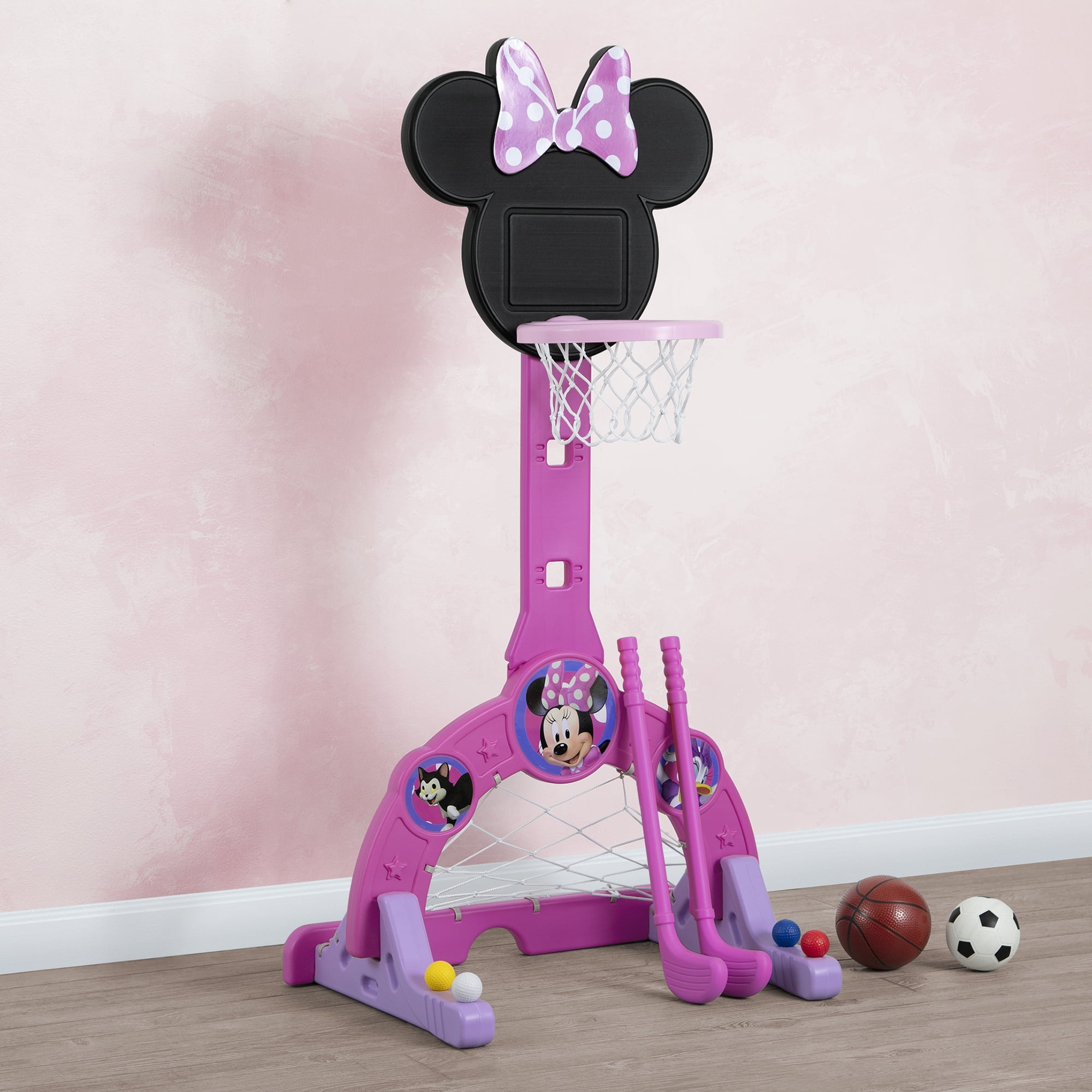 Disney Minnie Mouse 4-in-1 Sports Center – Adjustable Basketball Hoop, Soccer/Hockey Net & Golf, Pink