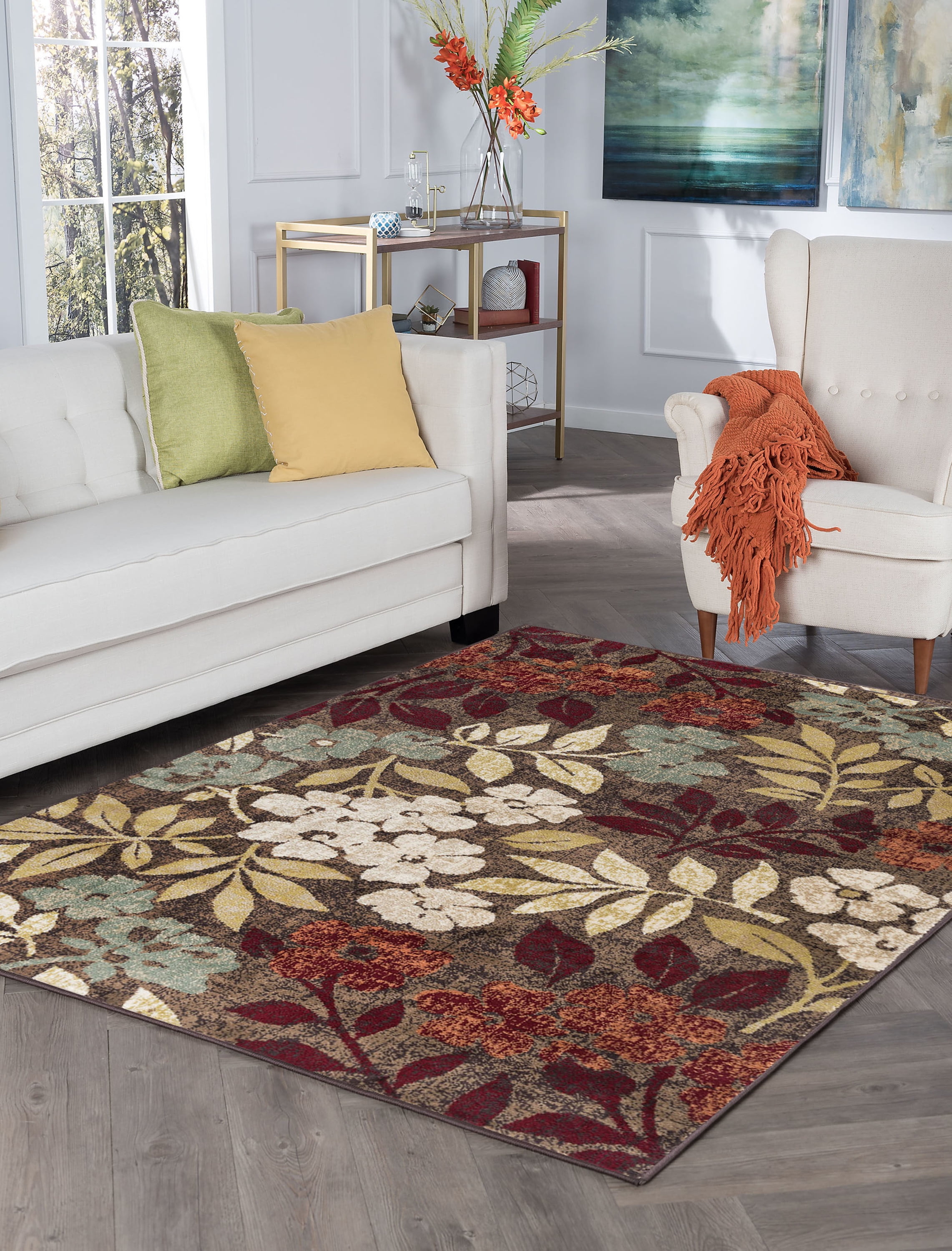 Transitional 9x12 Area Rug (8'9'' x 12'3'') Floral Brown, Red Living
