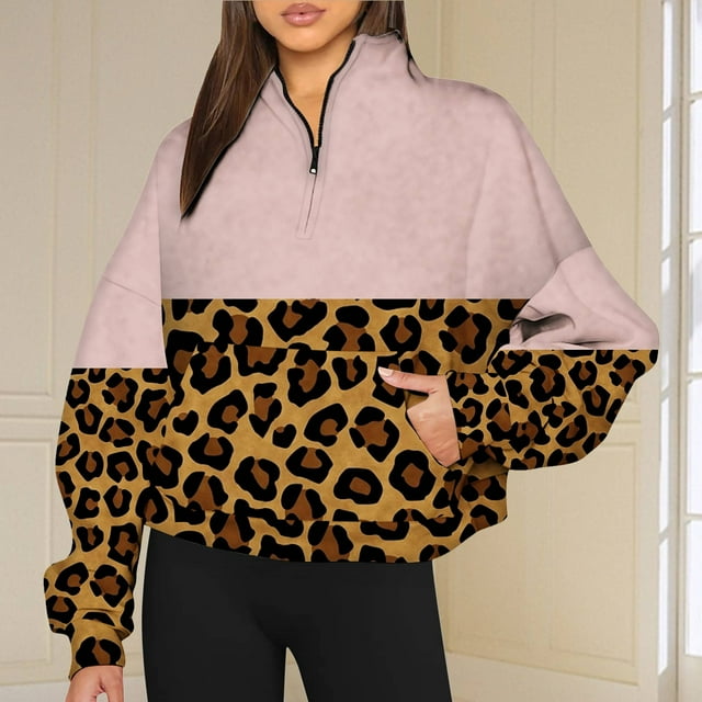 Chandails à Capuchon de Mode pour Femmes 2023 Mode Automne Hiver Imprimé Léopard Survêtements Décontractés Col Rond Manches Longues Col à Revers Fermeture Éclair Chandails à Capuchon 50 % de Rabais Liquidation Costumes Halloween/noël