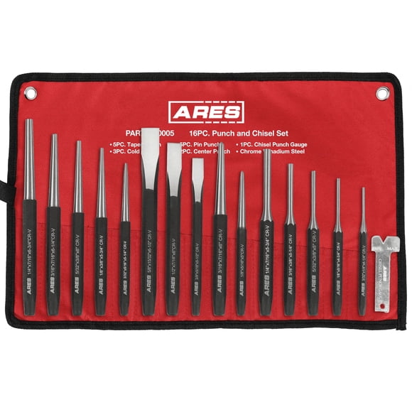 ARES 50005-Ensemble de 16 Pcs de Perforateurs et Biseauteurs - Perforateurs Coniques, à Broche, Centraux et Biseauteurs à Froid pour Diverses Applications