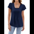 thumbnail image 3 of Blusas Tipo Túnica Plisadas de Verano para Mujer, con Volantes, Cuello Cuadrado, Color Liso, para Vacaciones, Corta. Azul Marino S, 3 of 10