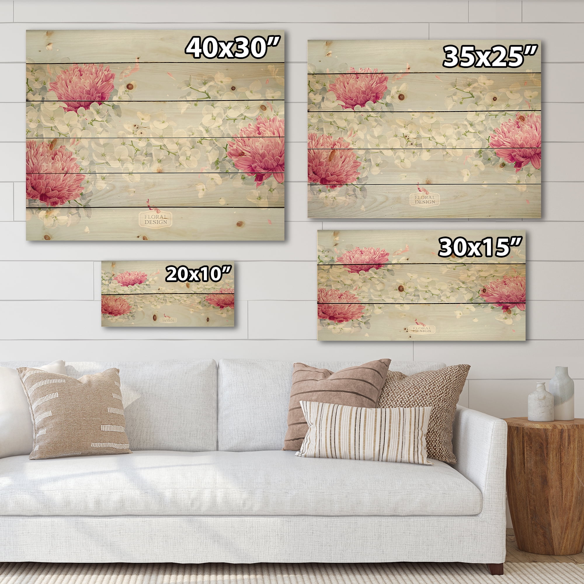 Designart 'Apple Blossom and Chrysanthemums' Traditional Print on Natural Pine Wood