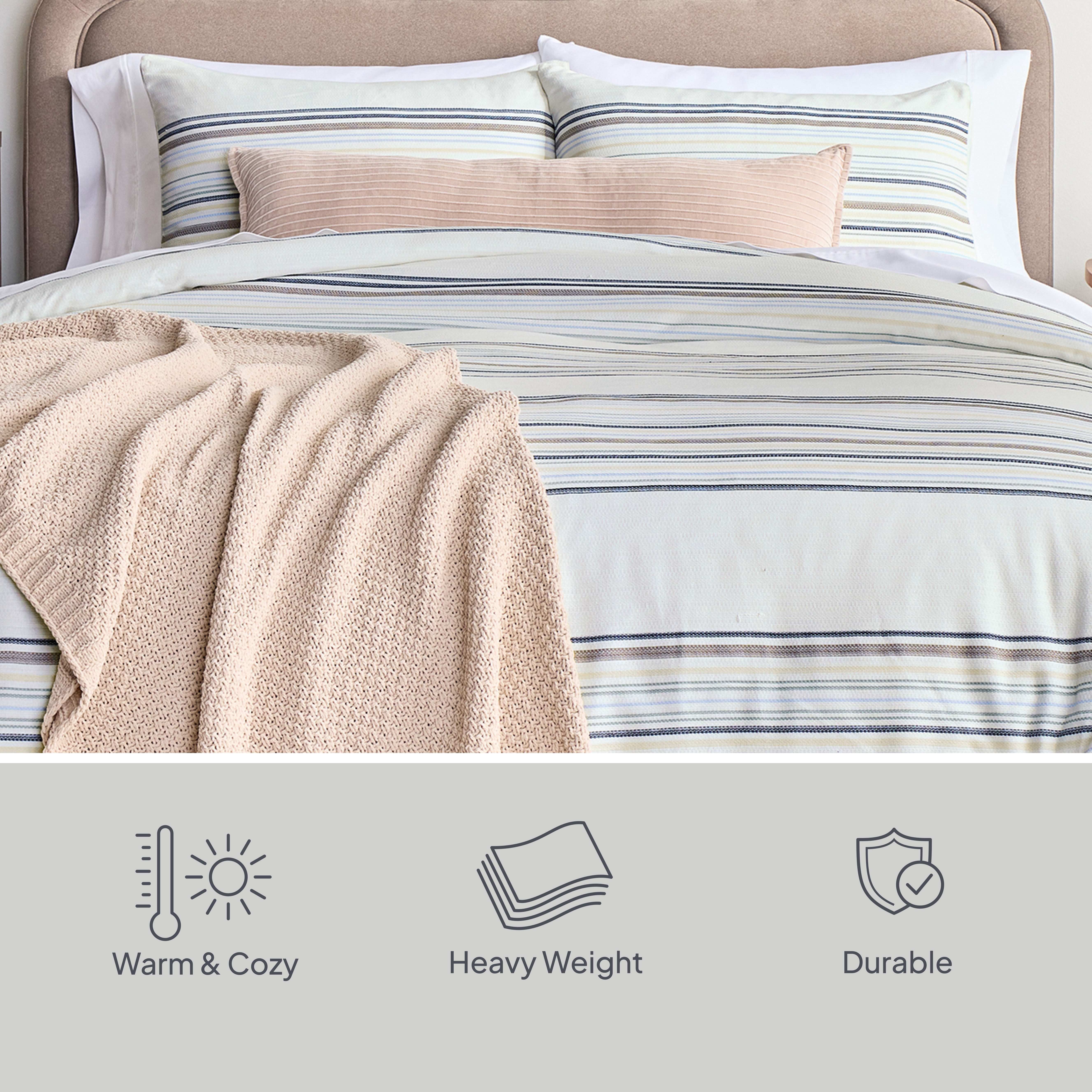 Better Homes & Gardens Full/Queen Comforter Set, Heavy Weight Warmth, 3-Piece, Blue Yarn Dye Stripe