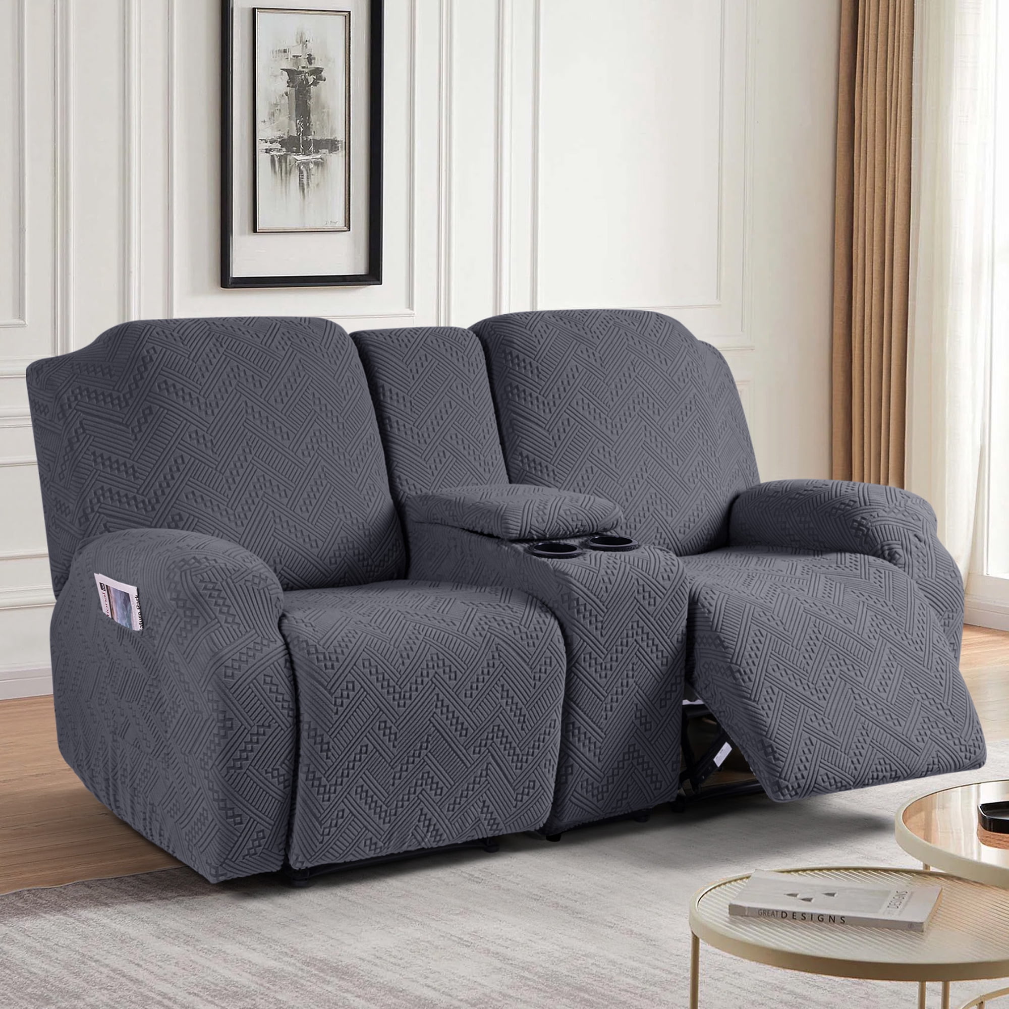 TAOCOCO Durable 4-Pieces Loveseat Recliner Slipcovers with Console, Stretch Jacquard Reclining Couch Covers for 2 Seater Sofa with Pockets- Home Sofa Protector, Black Gray
